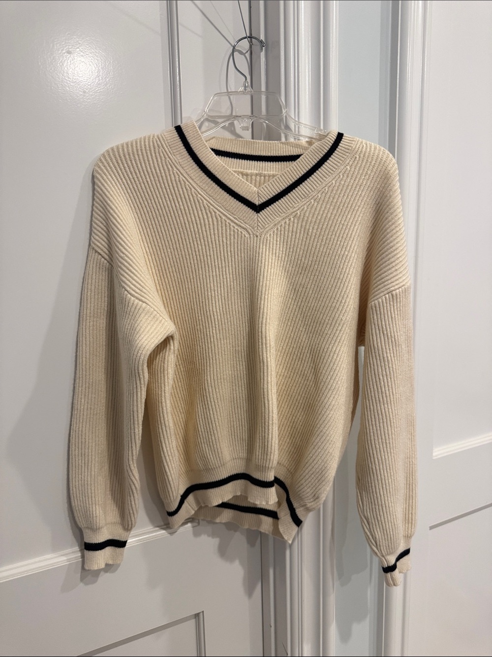 Cream V-Neck Ribbed Sweater with Black Trim